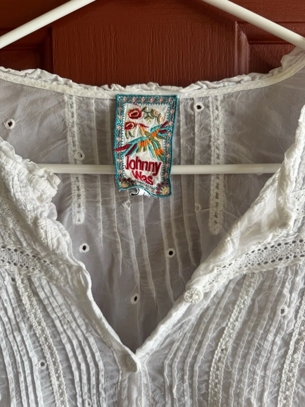 Johnny Was Embroidered White Peasant Blouse - Boho Button Front Top - Picture 3 of 7